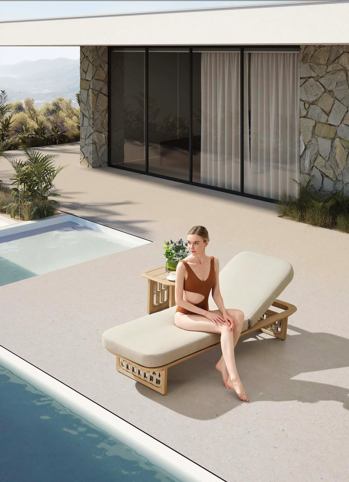 Transat en teck au bord d&rsquo;une piscine, mobilier de jardin Au Jardin de Chloé